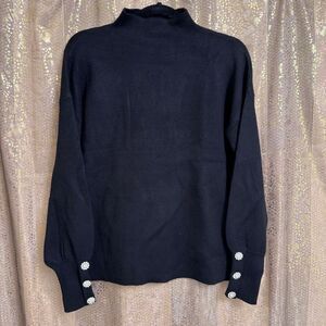 Tahari Black Soft Cozy Mockneck Rhinestone Sleeve Sweater XL